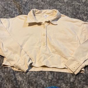 Good American Cream Cropped Polo Long Sleeve
